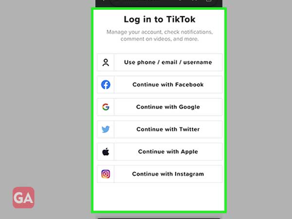 The social media login options for TikTok