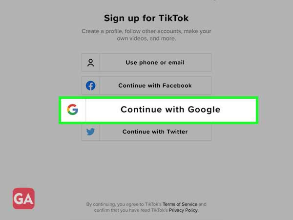 continue with google for TikTok