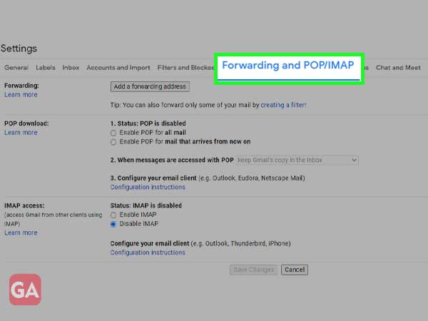the Forwarding and POP/IMAP tab for Gmail