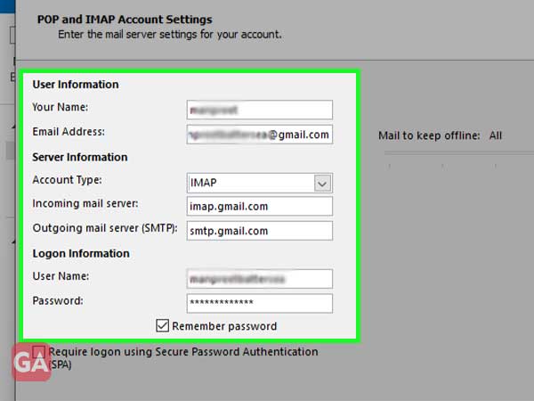 the fields for email address, first name, and servers of Outlook