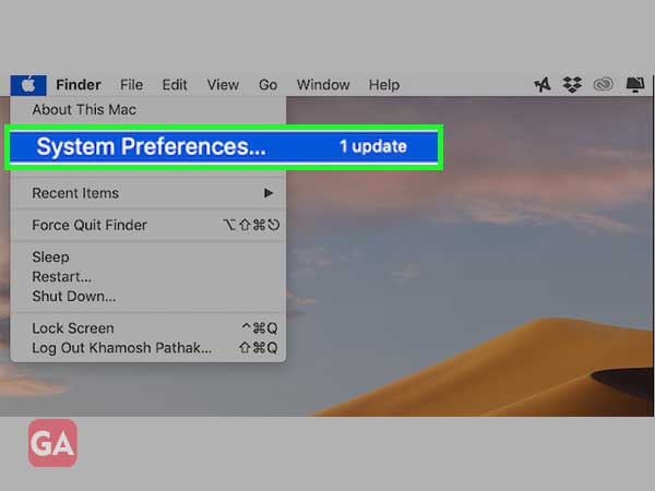 the system preferences option from the left menu bar