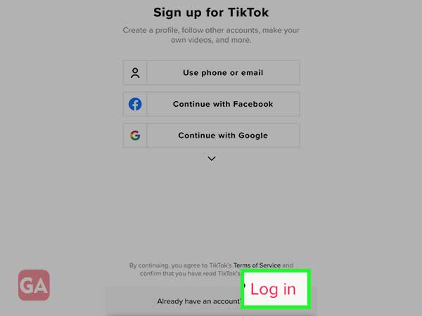 the login option for TikTok