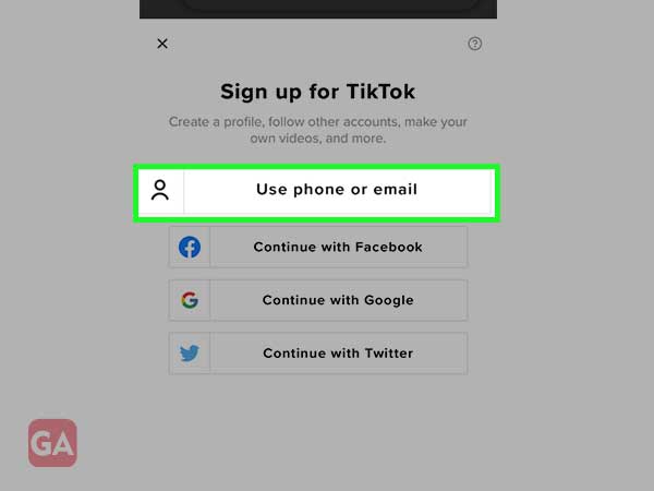 the login options list for TikTok