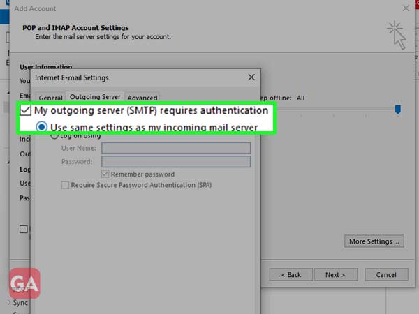 the my SMTP server requires authentication option