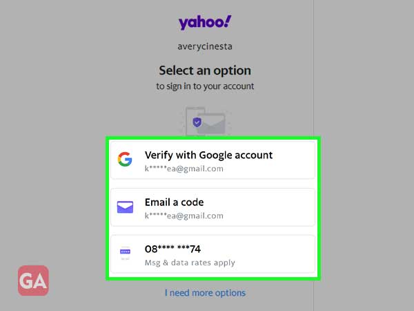 the recovery option fields for Yahoo