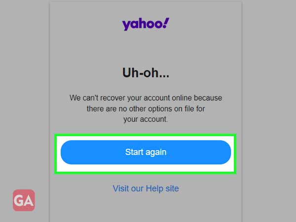 the start again option for Yahoo