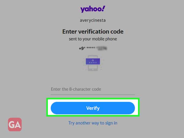 the verification code field for Yahoo