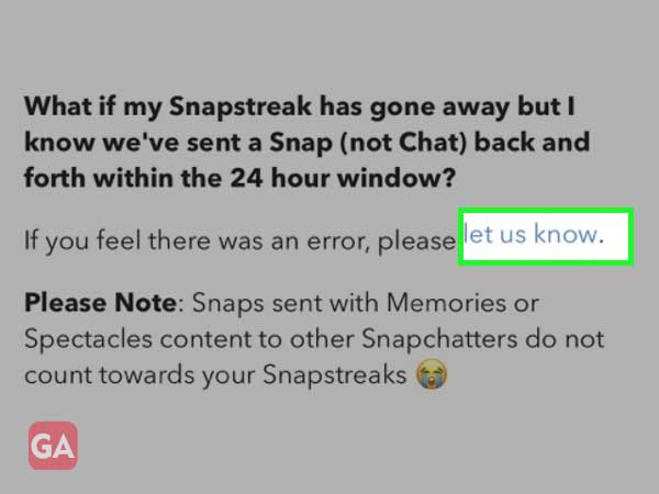 The let us know link for Snapstreak