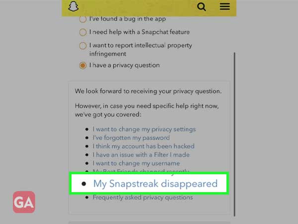 The my snapstreak disappeared option