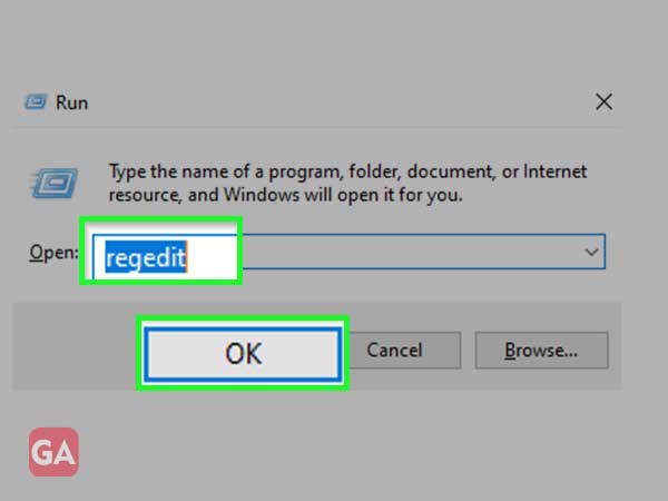 Type ‘regedit’ to open the Registry Editor.