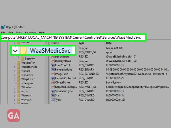 Enter the WaasMedicSVC Folder in Registry Editor