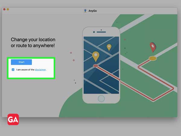 Install AnyGo app and tap on Start