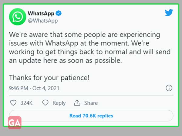 Tweet regarding whatsapp was down for 6 hours