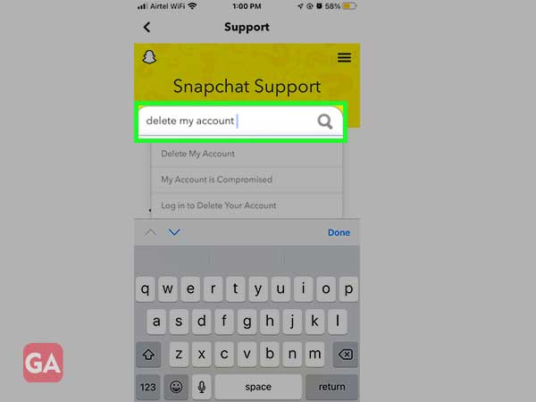 Type delete my account on the search bar.