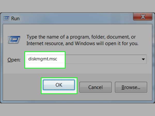 Type diskmgmt.msc and press OK.