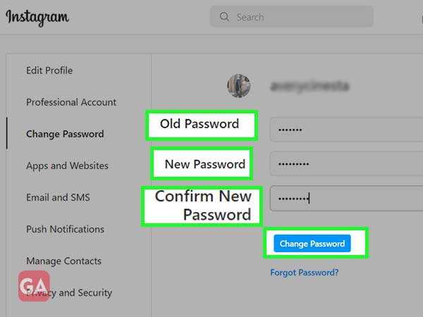 type the old password, enter the new password twice and click change password