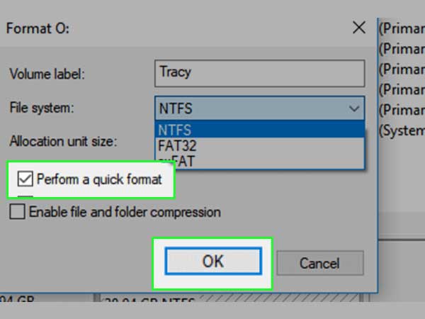 Tick the box for ‘perform a quick format’ and press OK.