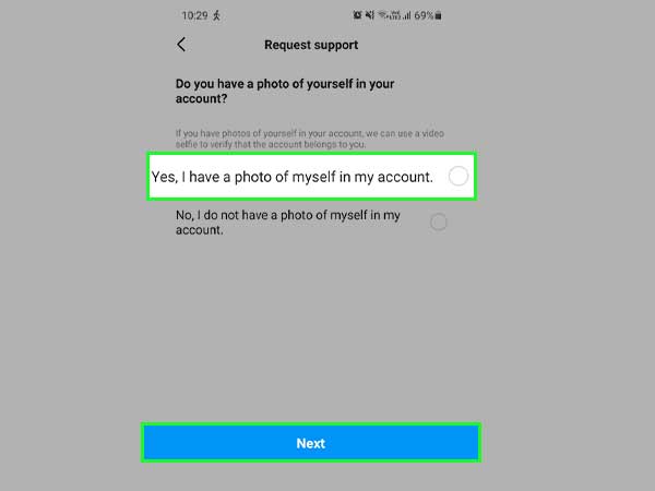 select ‘yes i have a photo of myself in my account’ and then tap next