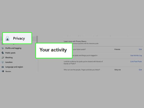 Alt: Select privacy and edit the timeline of your activity.