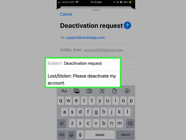 Write the deactivation request in the email body.