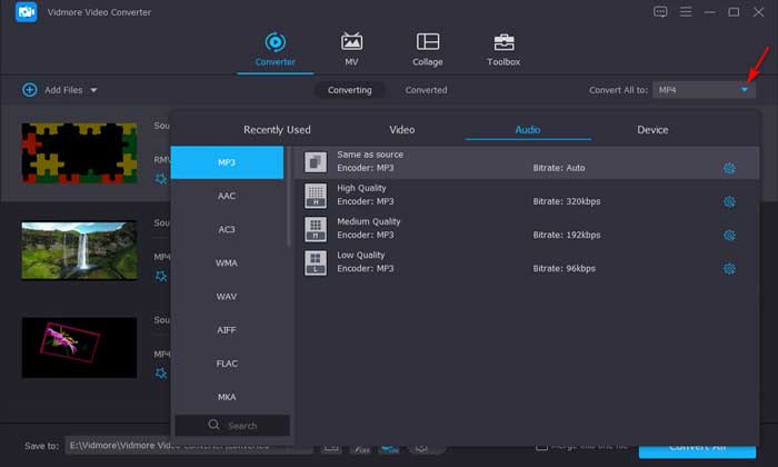 select audio output format