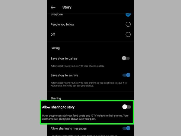 Disable Allow sharing to story.