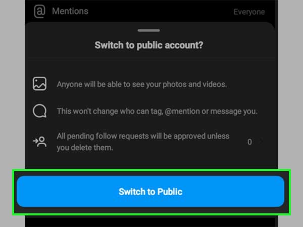 Disable the private account option and tap on switch to public.