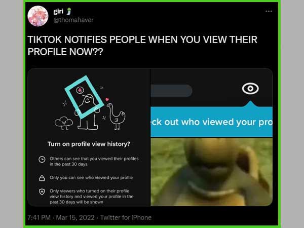 Tweet about the Profile History feature on TikTok.