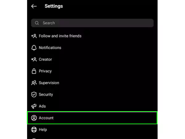 Account option on the Instagram Settings