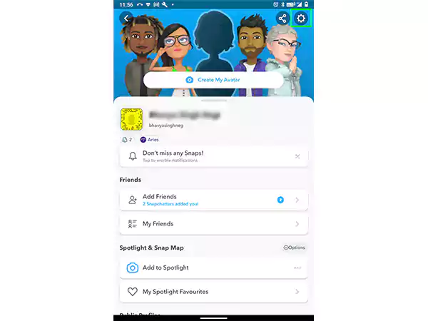 Pestaña de configuración en Snapchat