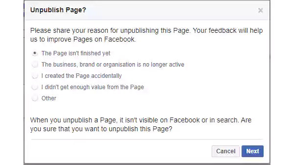 Confirm to unpublish page