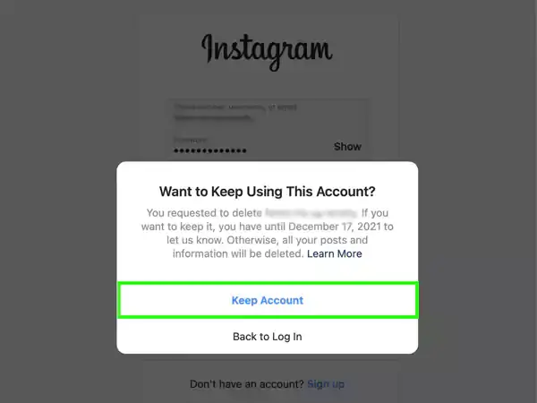 Click Keep Account to cancel the deletion
