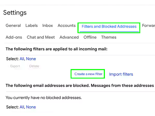Tap on Filters and Blocked Addresses  Create a new filter
