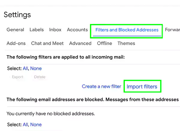 Tap on Filters and Blocked Addresses Import filters