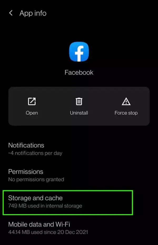 click on storage and cache