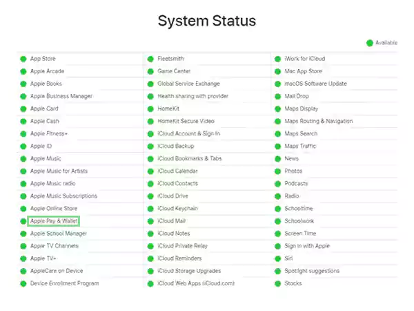 Apple system status page