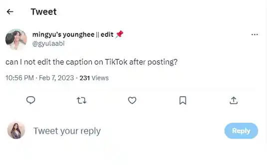 Twitter user asking for caption edit option on TikTok.