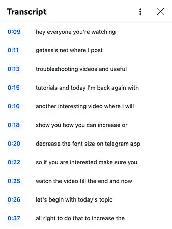 Video transcripts with timestamps