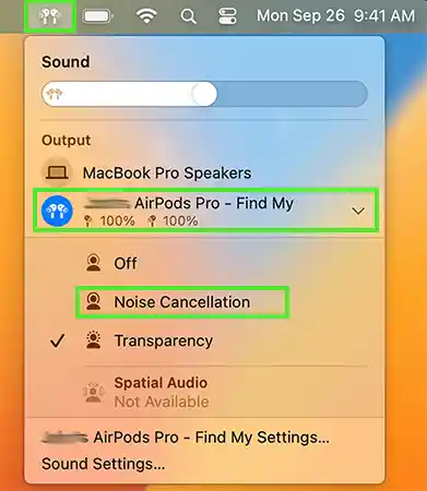 Click Volume Control, then click on AirPods, & then, select Noise Cancellation.