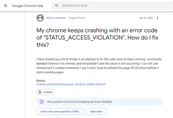 Question for “Status_Access_Violation” fixes by a user