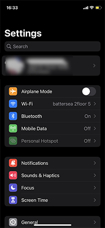 Settings menu of an iPhone