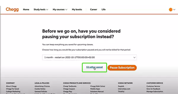 Subscription cancellation page of Chegg