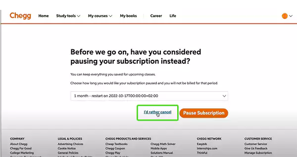 Chegg's subscription cancellation page