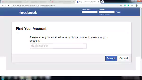 Find Your Account page on Facebook