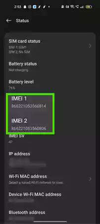 IMEI number on device