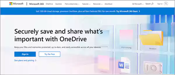 Microsoft One Drive homepage
