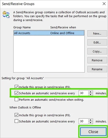 Schedule the Outlook update and click Close