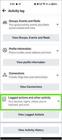 Tap on Logged actions and other activity