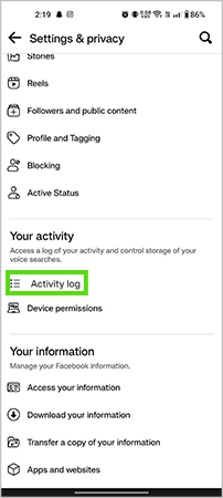 Tap on the Activity log