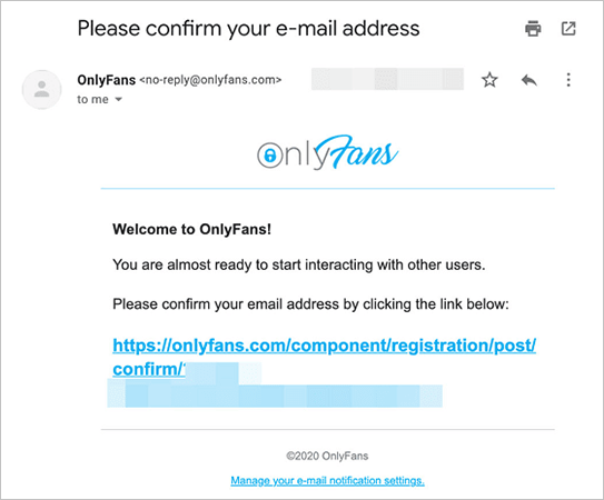 Verification email by OnlyFans